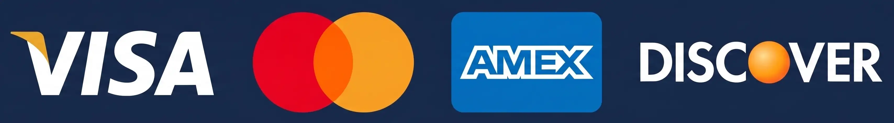 Visa, Mastercard, American Express, and Discover payment logos